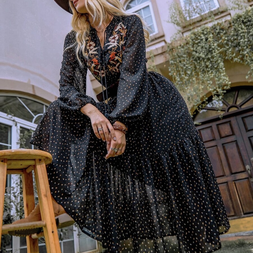 Boho Embroidered Floral Polka Dot Ruffle Dress - Picture 14 of 15